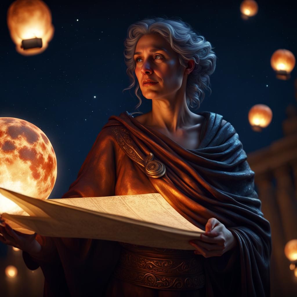 Greek Philosopher Contemplates Stars: Dark Fantasy Art