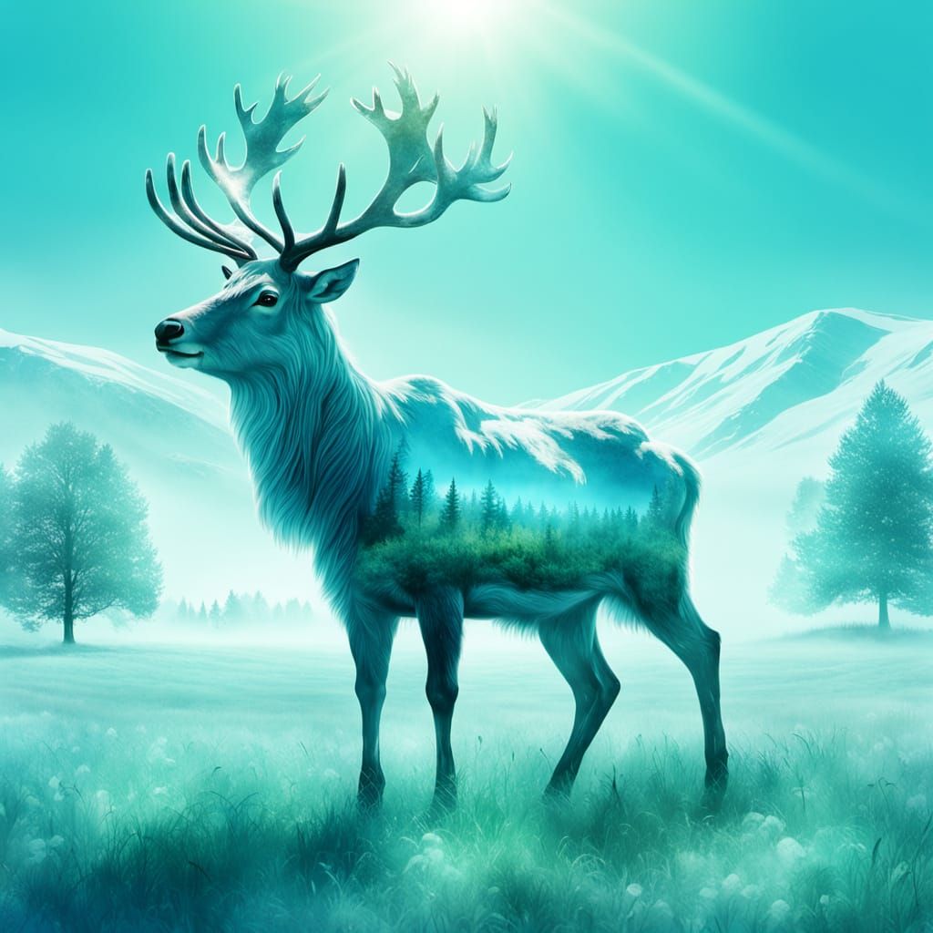 Surreal Double Exposure of Reindeer in Vibrant Summer Landsc...