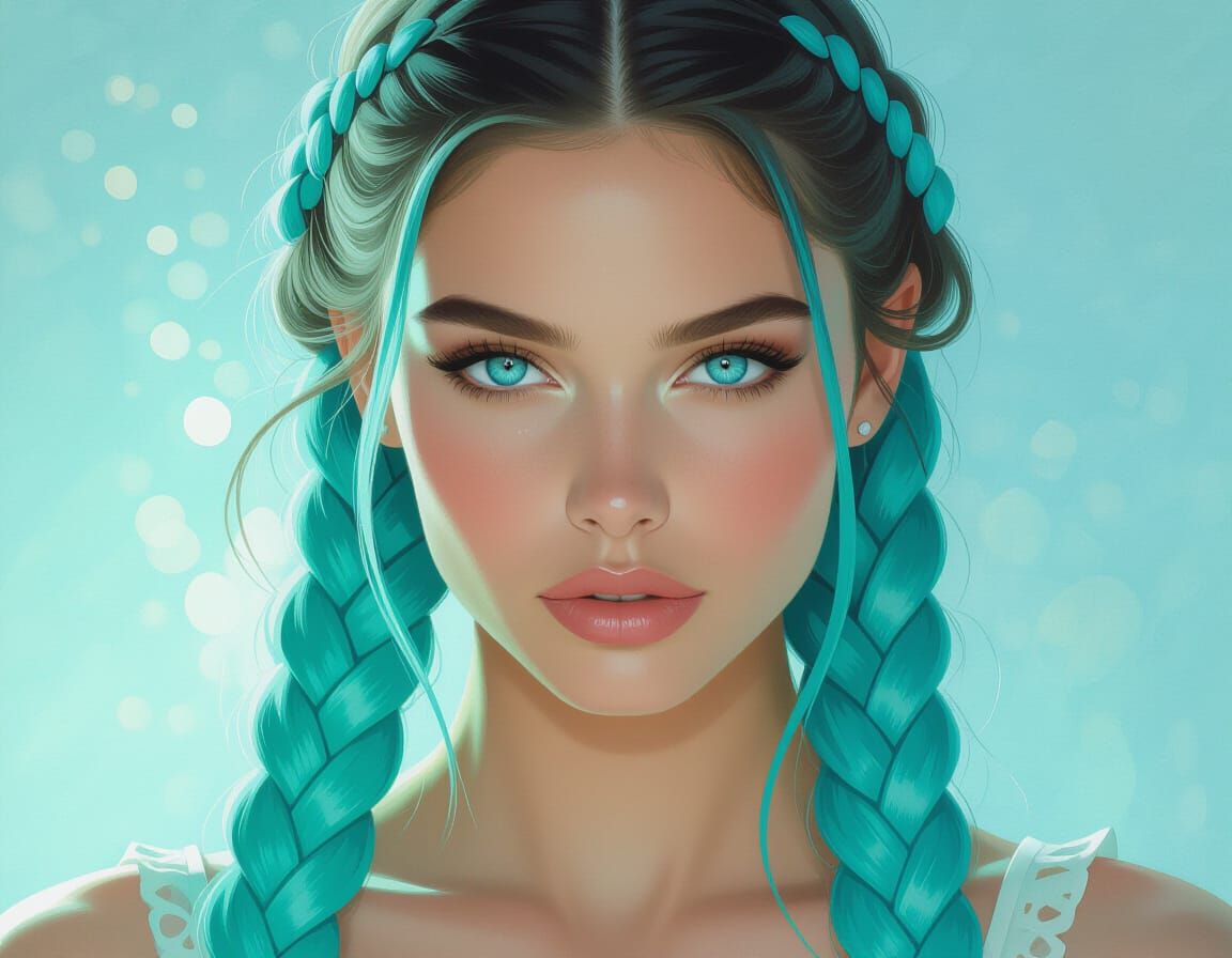 Hyperrealist Portrait of a Woman with Turquoise Braids
