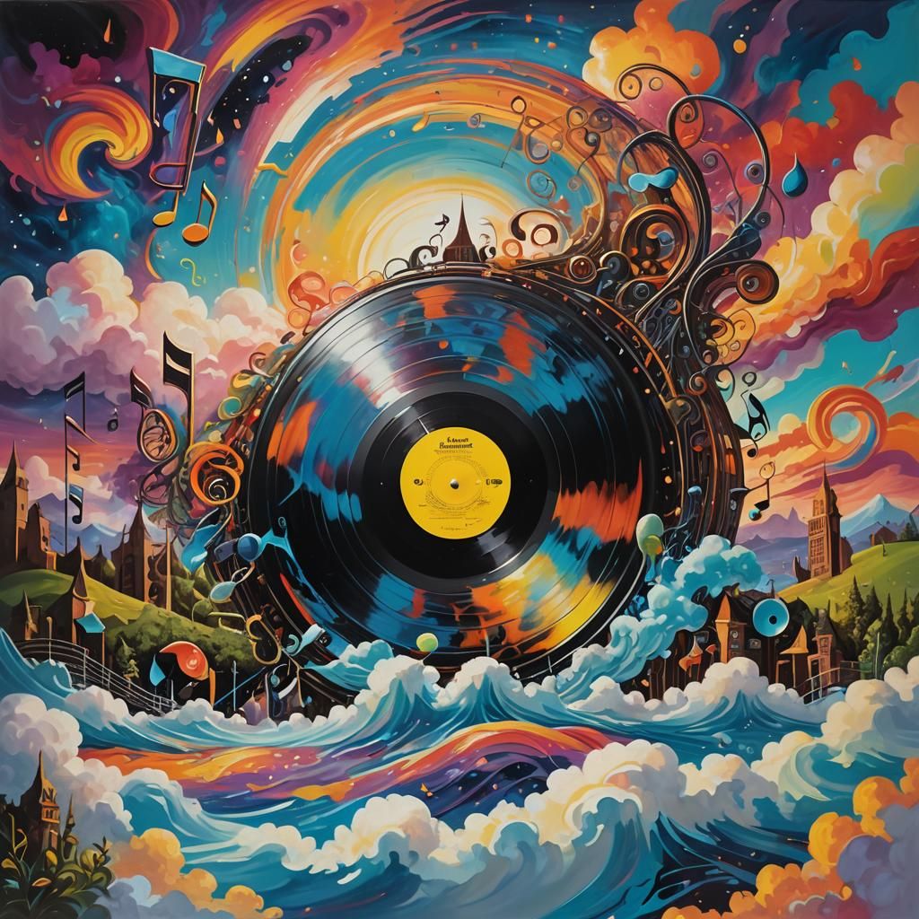 Surreal Vinyl Record Landscape in Oil Painting Style