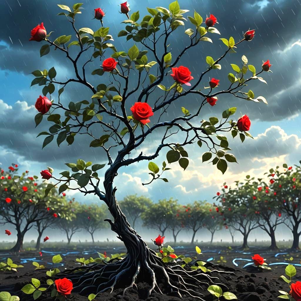 Red Rose Bud in Rain, Detailed Matte Painting