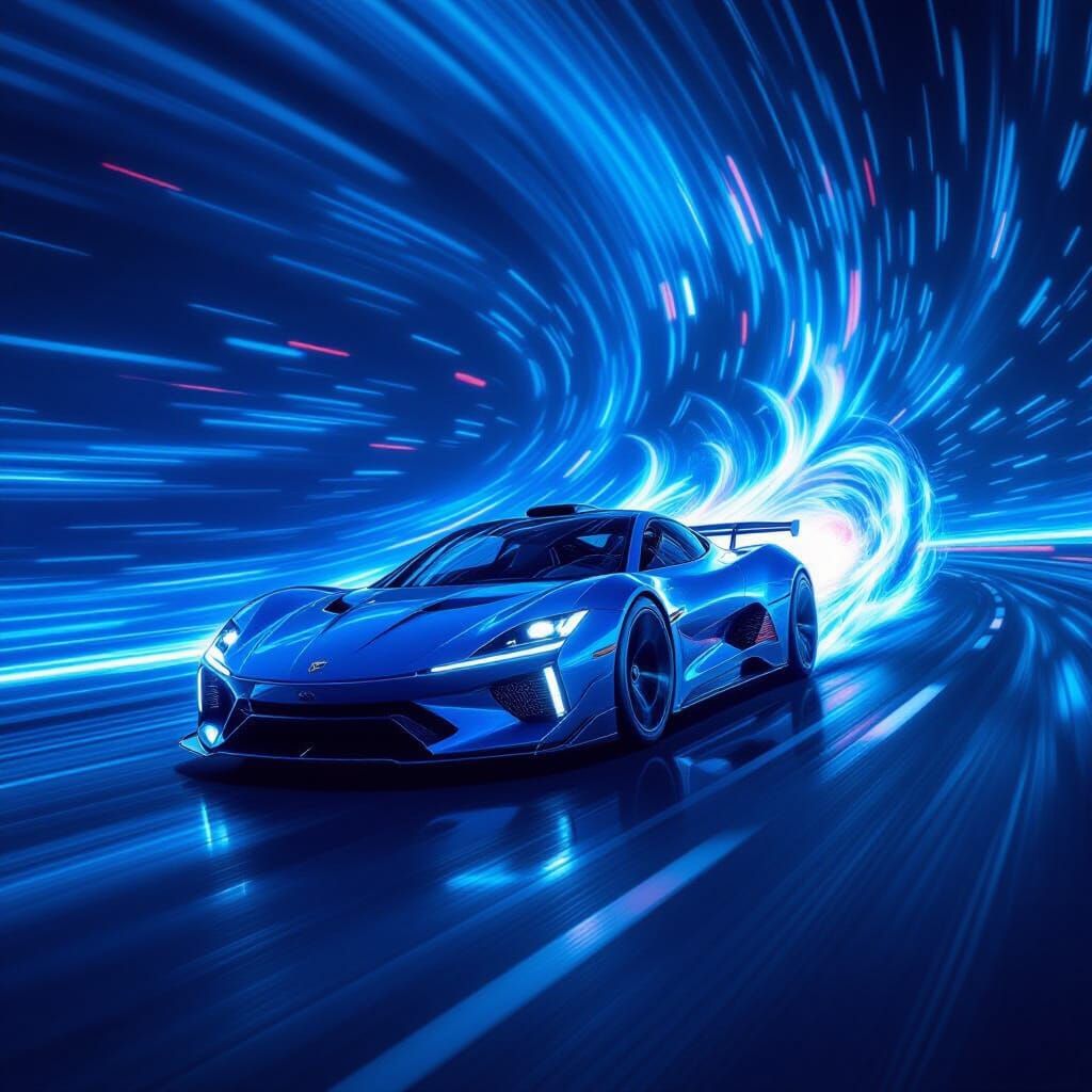 Futuristic Sports Car Bends Time with Blue Energy Vortex