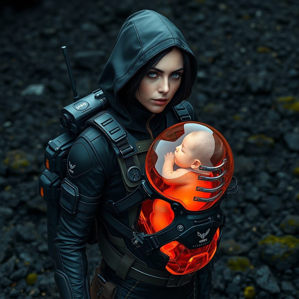 Futuristic Mother in Tactical Gear, Surrounded by Cyberpunk ...
