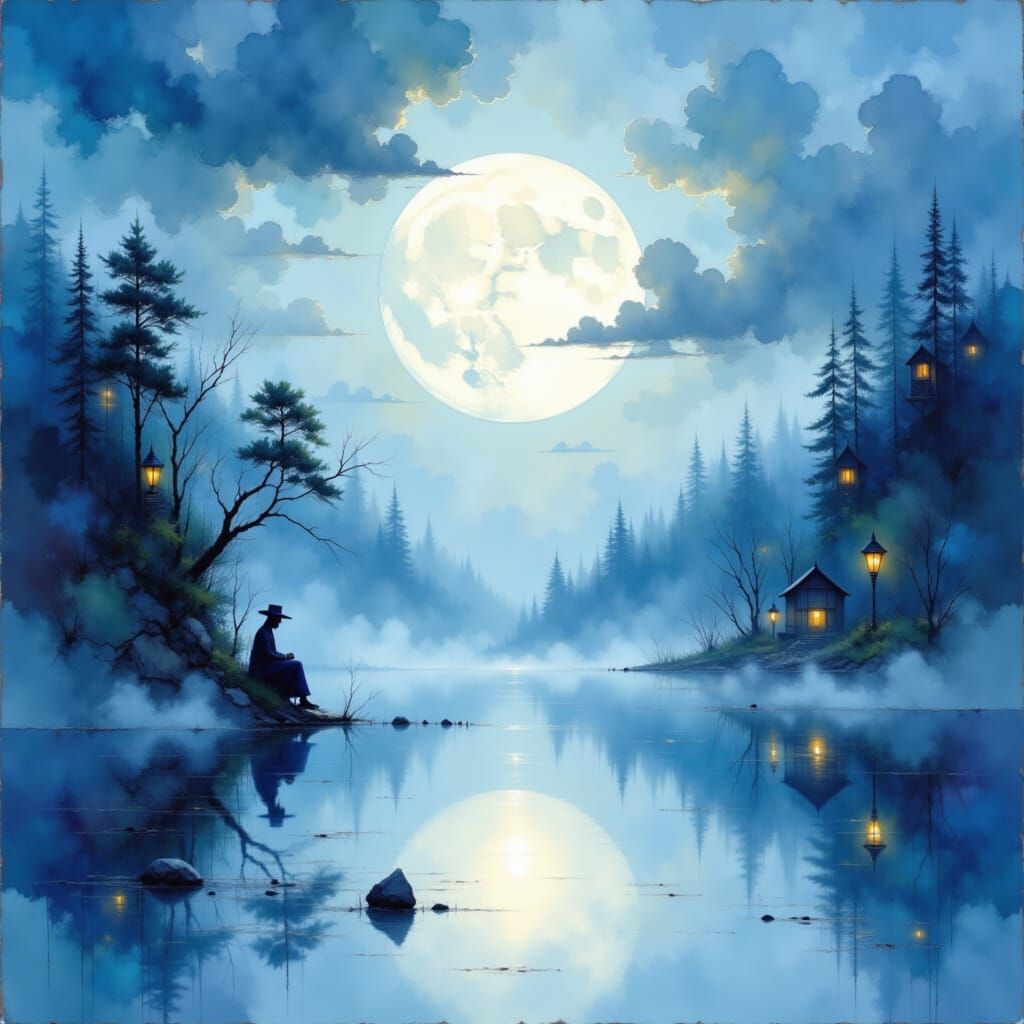 Ethereal Watercolor Landscape in Soft Moonlight