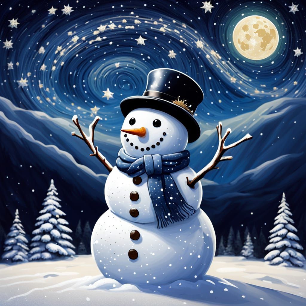 Starry Night Snowman in Winter Landscape