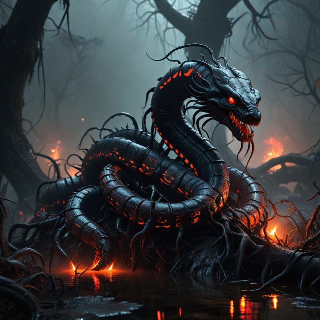 Dark Fantasy Hydra in Twisted Swamp Lair