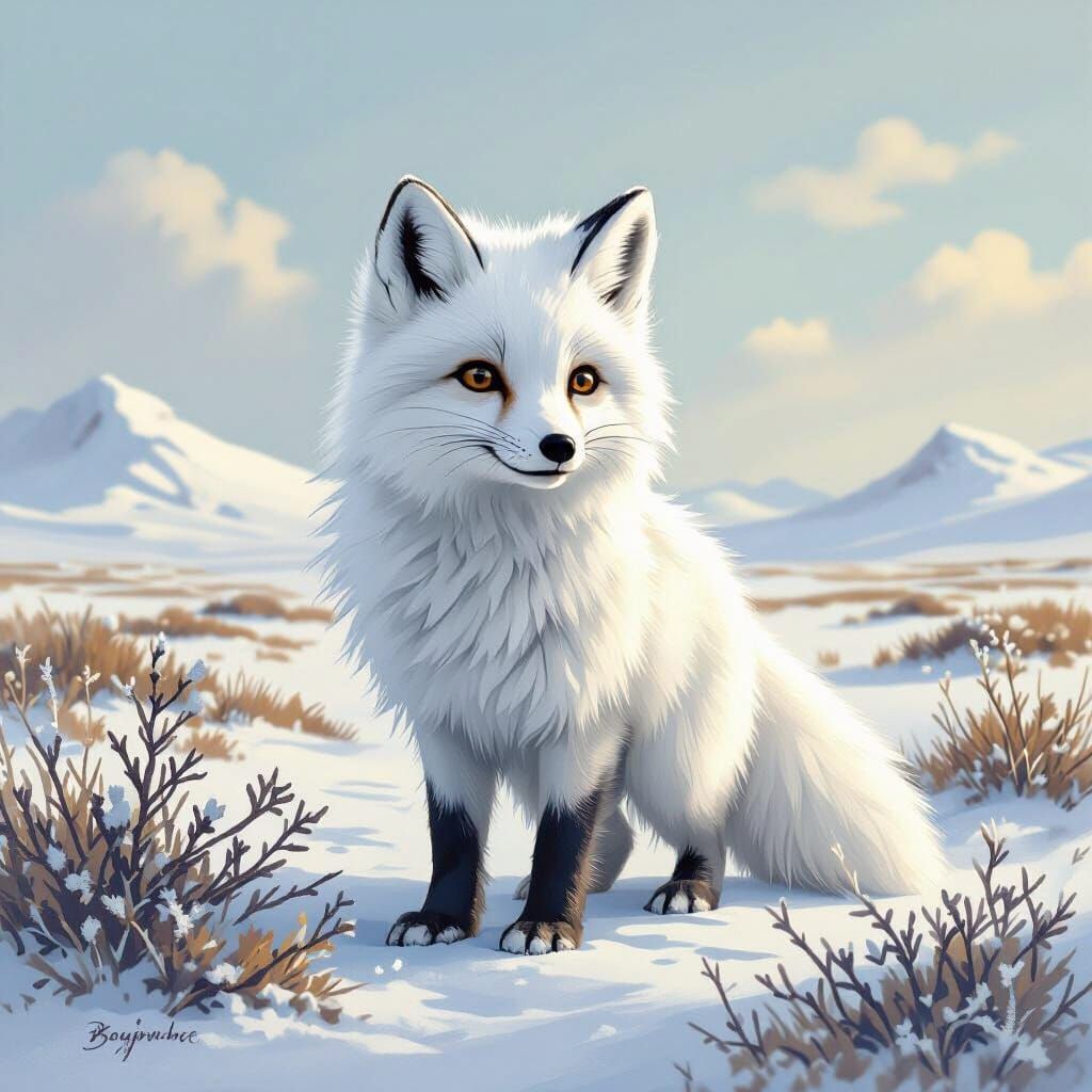 Adorable Arctic Fox in Snowy Tundra, Storybook Style