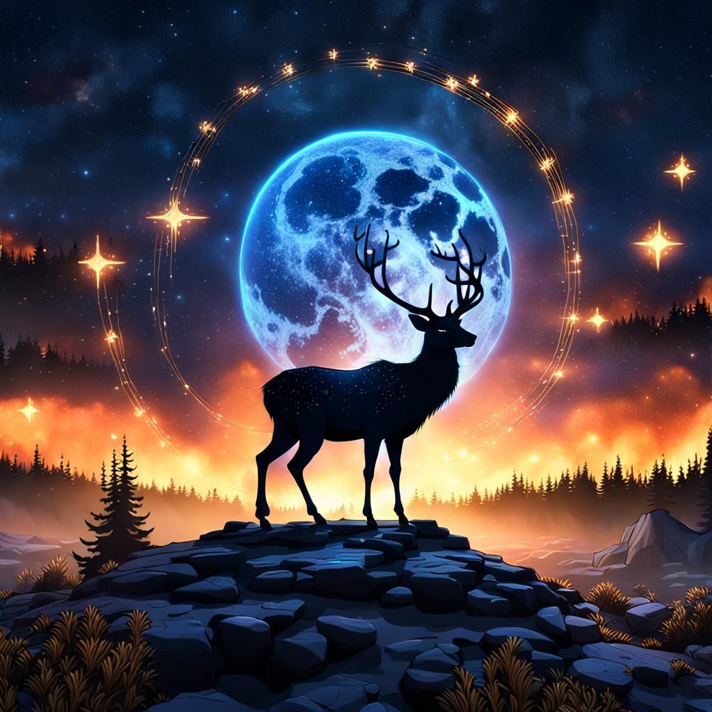 Deer Watching Sparking Stars, Detailed Matte Painting