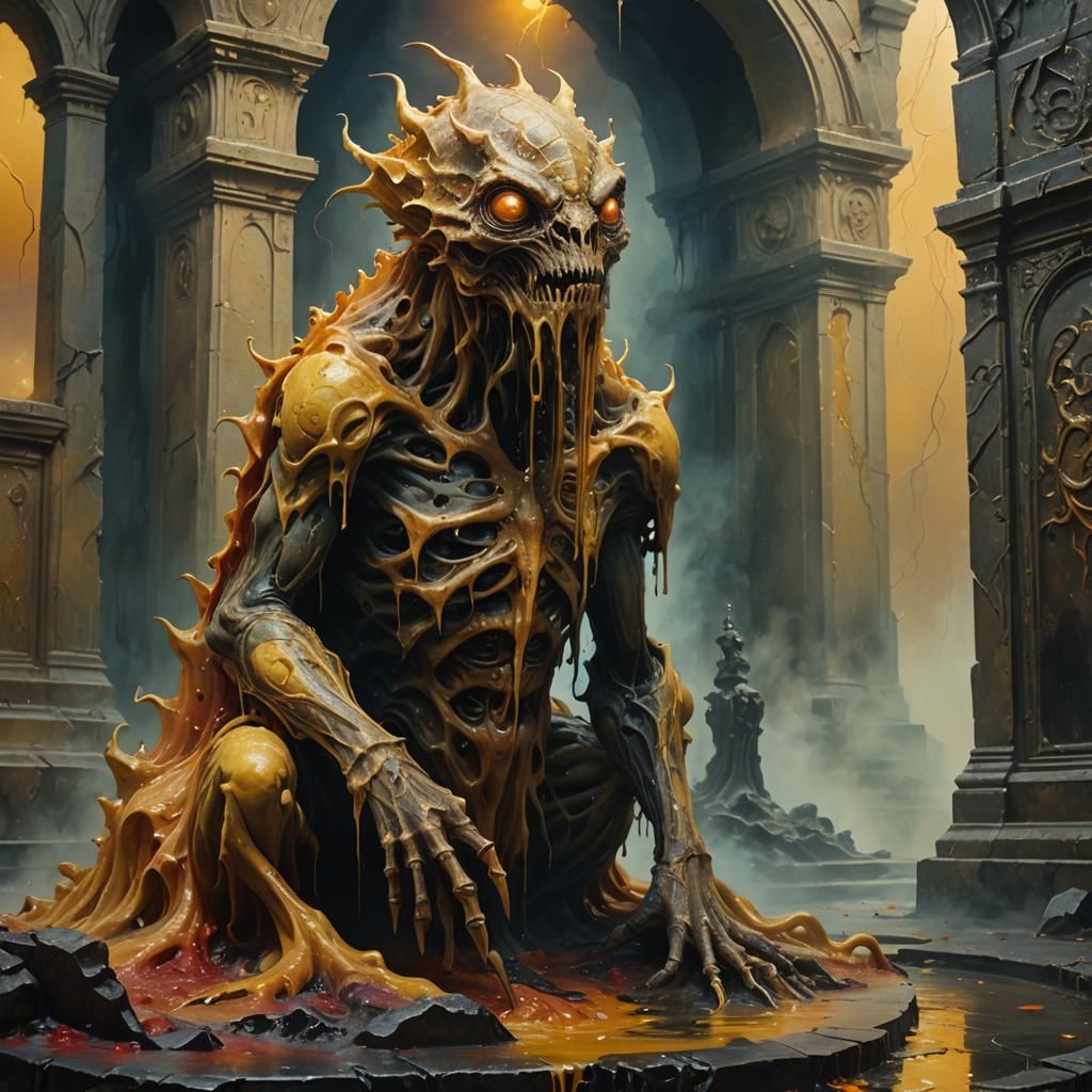 Surreal Creature on Crypt in Oil Painting Style