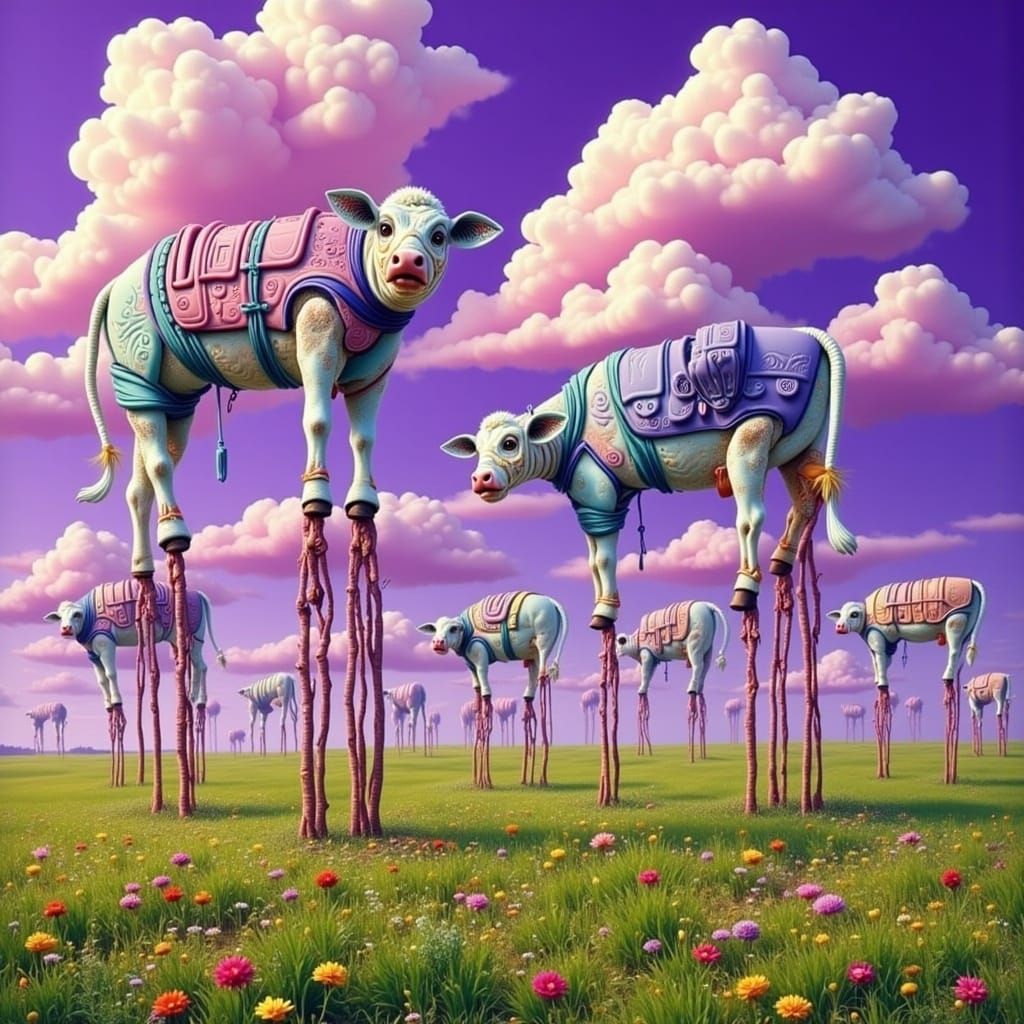 Surreal Cows on Stilts in Dreamlike Landscape