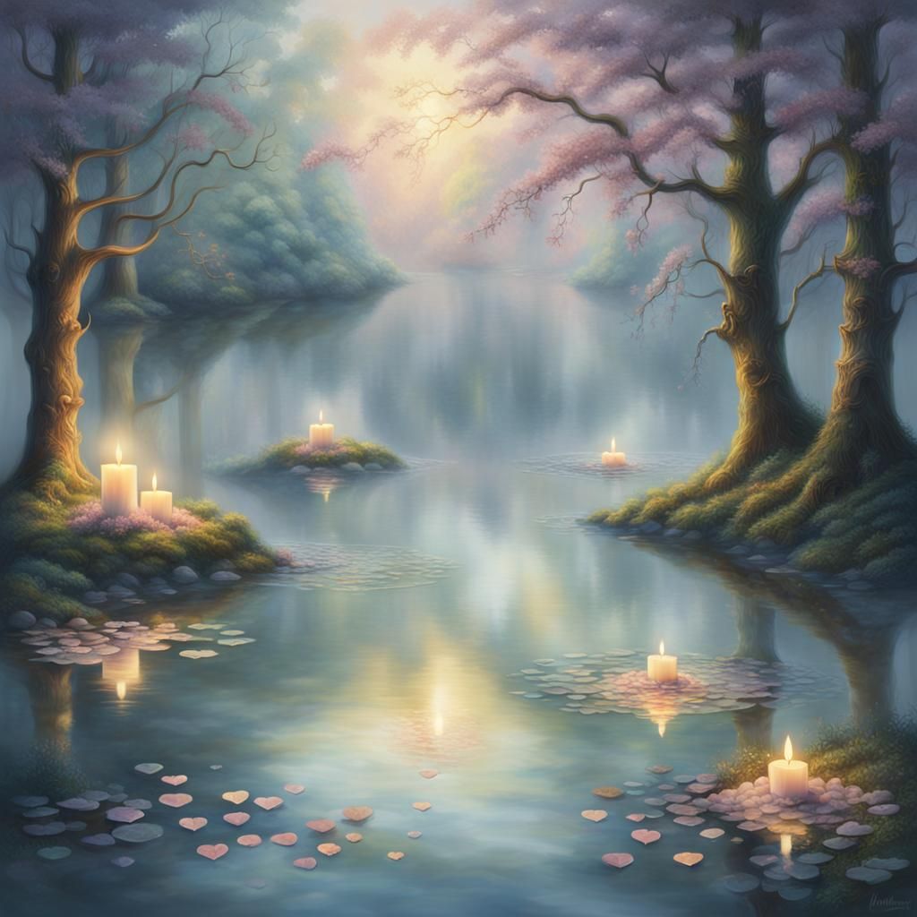 Dreamlike Hearts Above Candlelit Lake in Ethereal Style