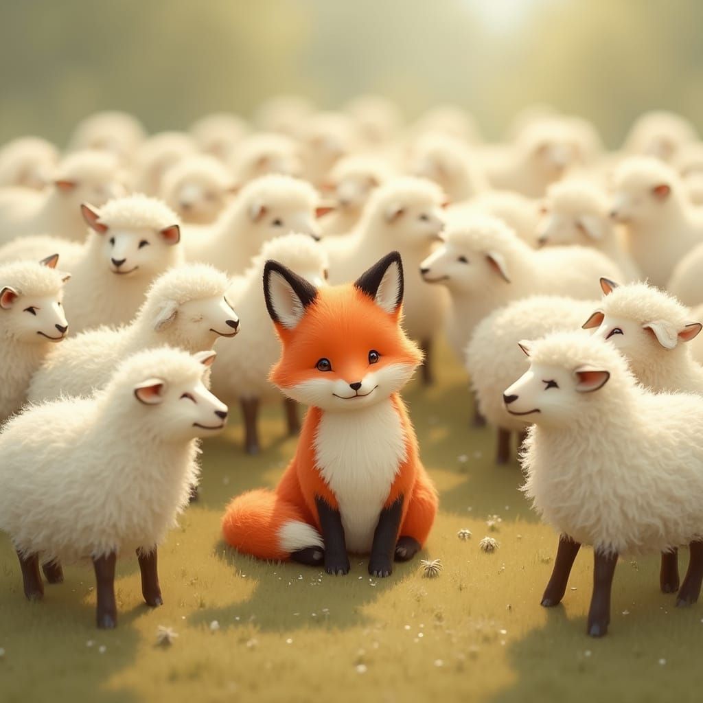 Whimsical Fox Surrounded by Sheep in Idyllic Landscape