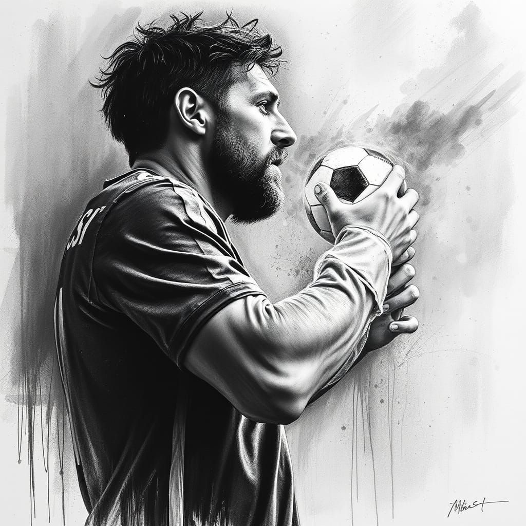 Messi Lifts the World Cup: Charcoal Drawing