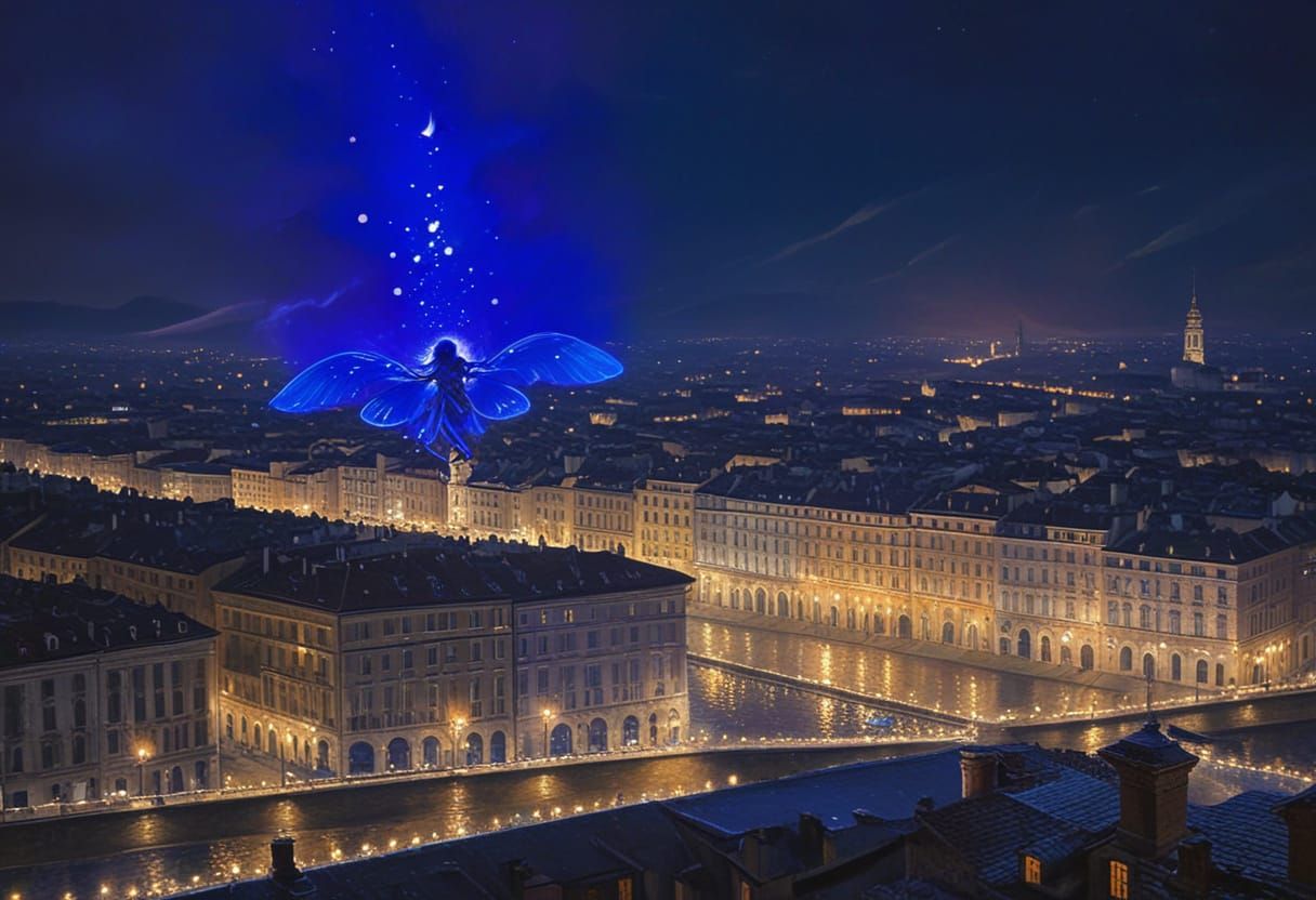 Fairy Soars Over Turin's Golden Nighttime Cityscape