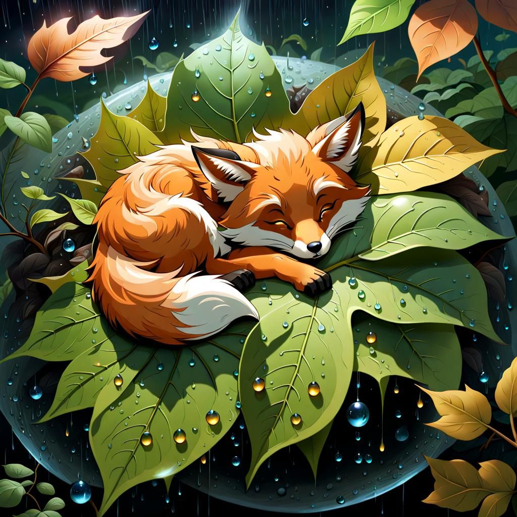 Sleeping Fox in Rain, Hyperrealistic Digital Art