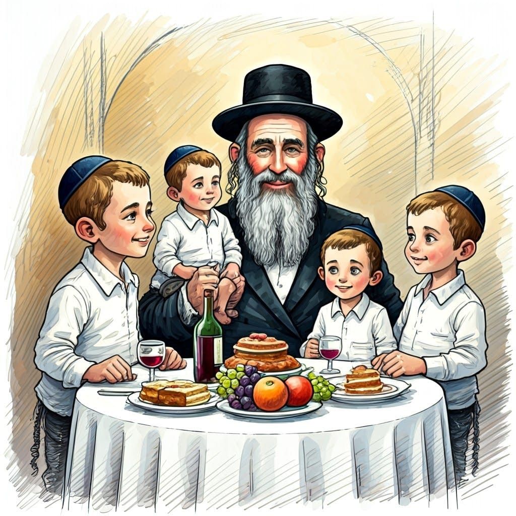 Joyful Hasidic Family Gathering in Vibrant Watercolor Style