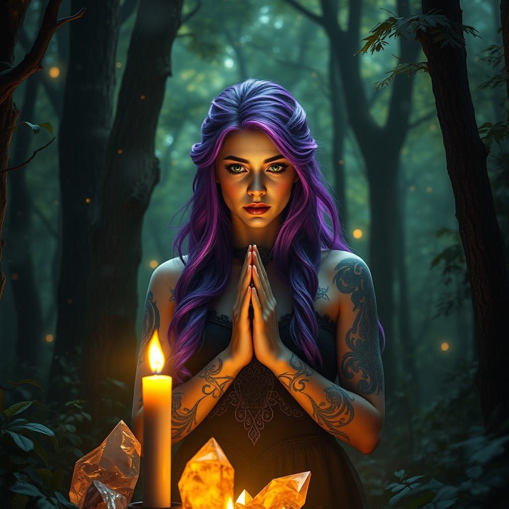 Celtic Sorceress in Enchanted Forest with Ancient Crystals a...