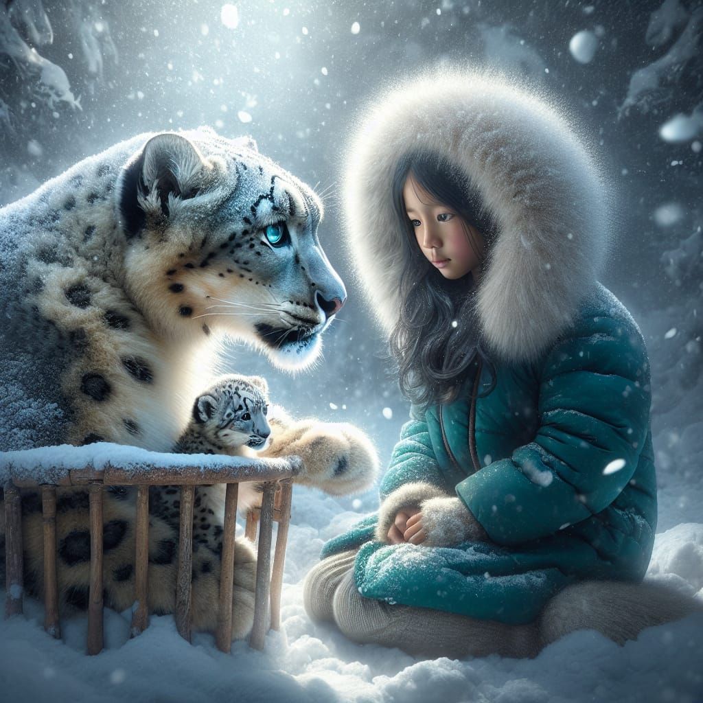 South Asian Girl and Majestic White Snow Leopard Bond in Win...