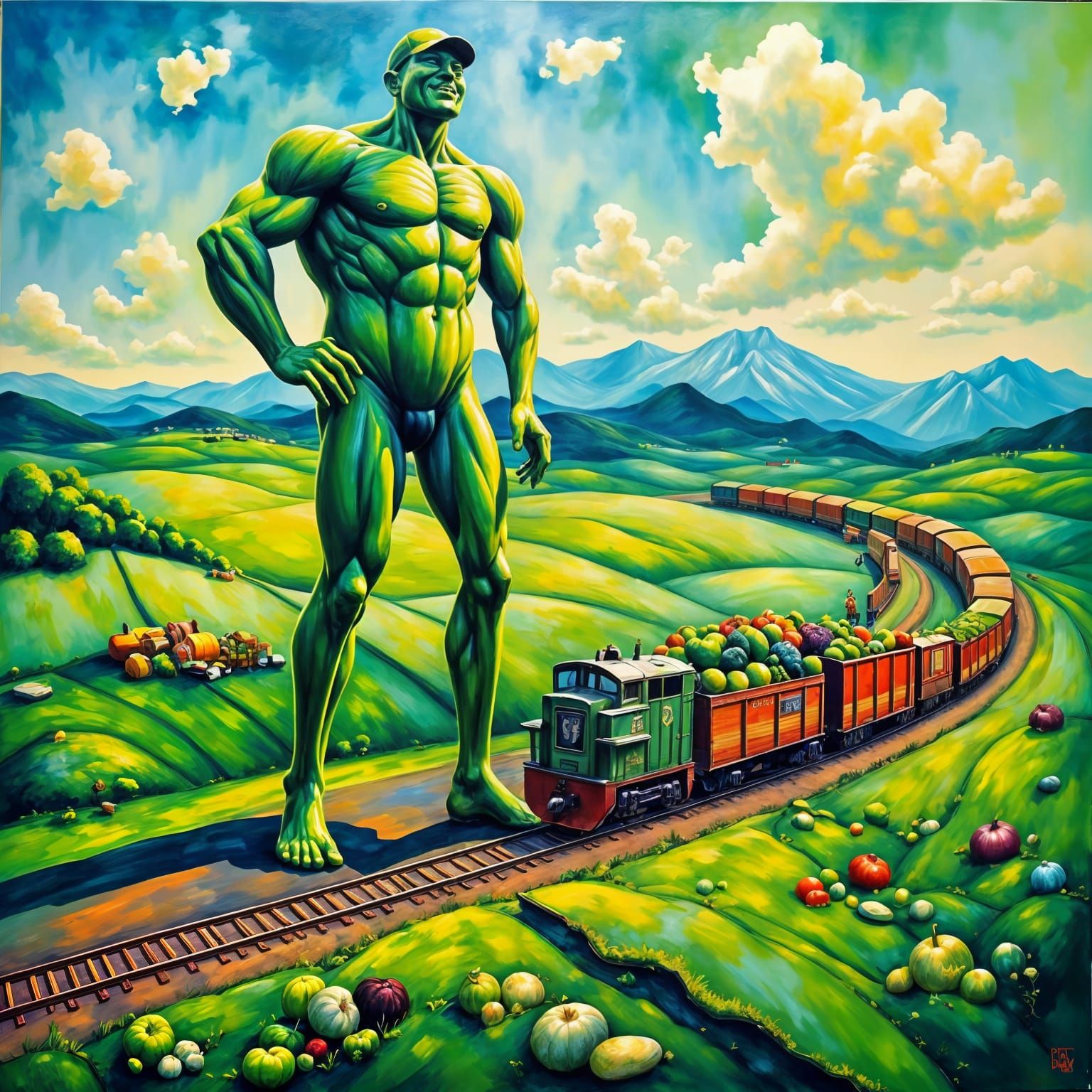 The Jolly Green Giant Amidst a Vibrant Green Farm