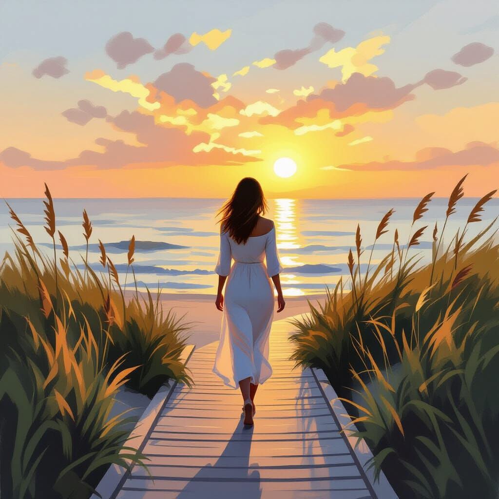 Serene Woman on Boardwalk at Sunset, Impressionist Style