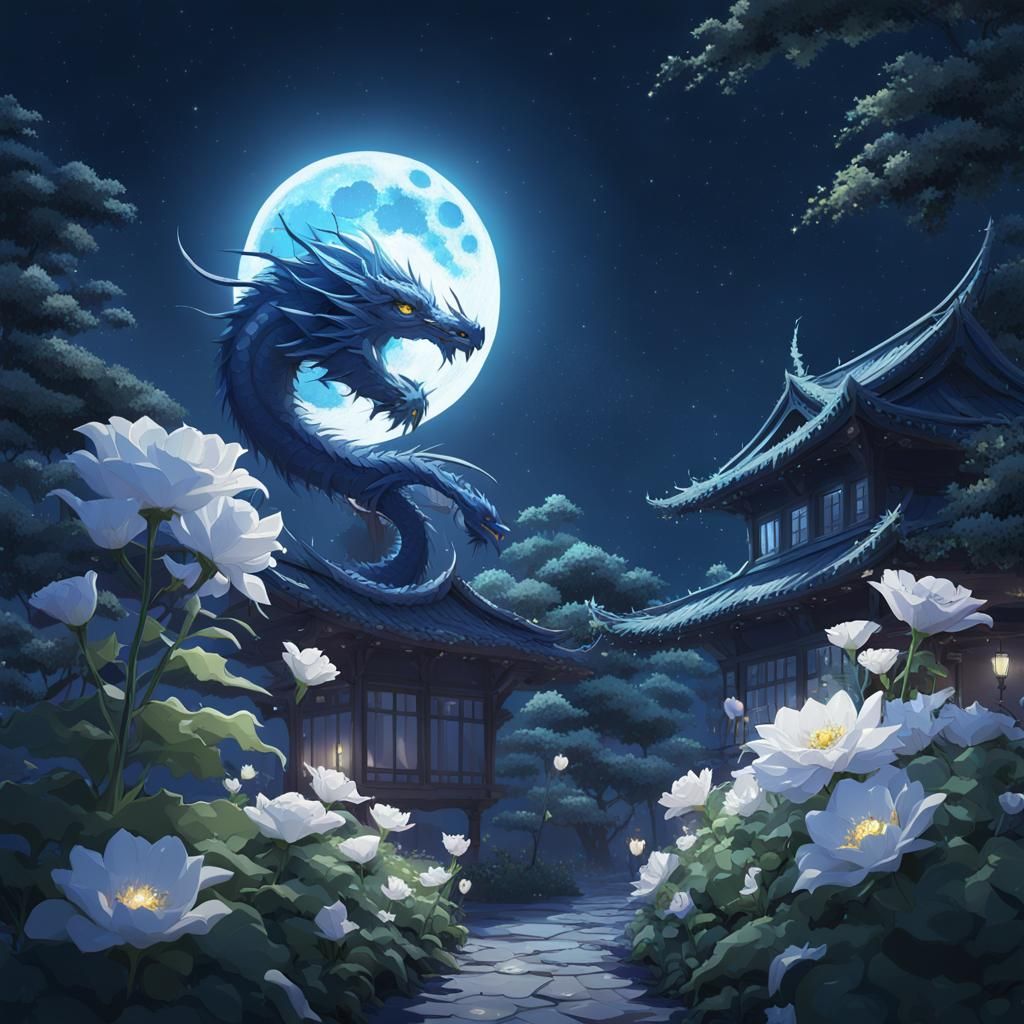 Moon Flowers and Dragon in 3D Anime Art