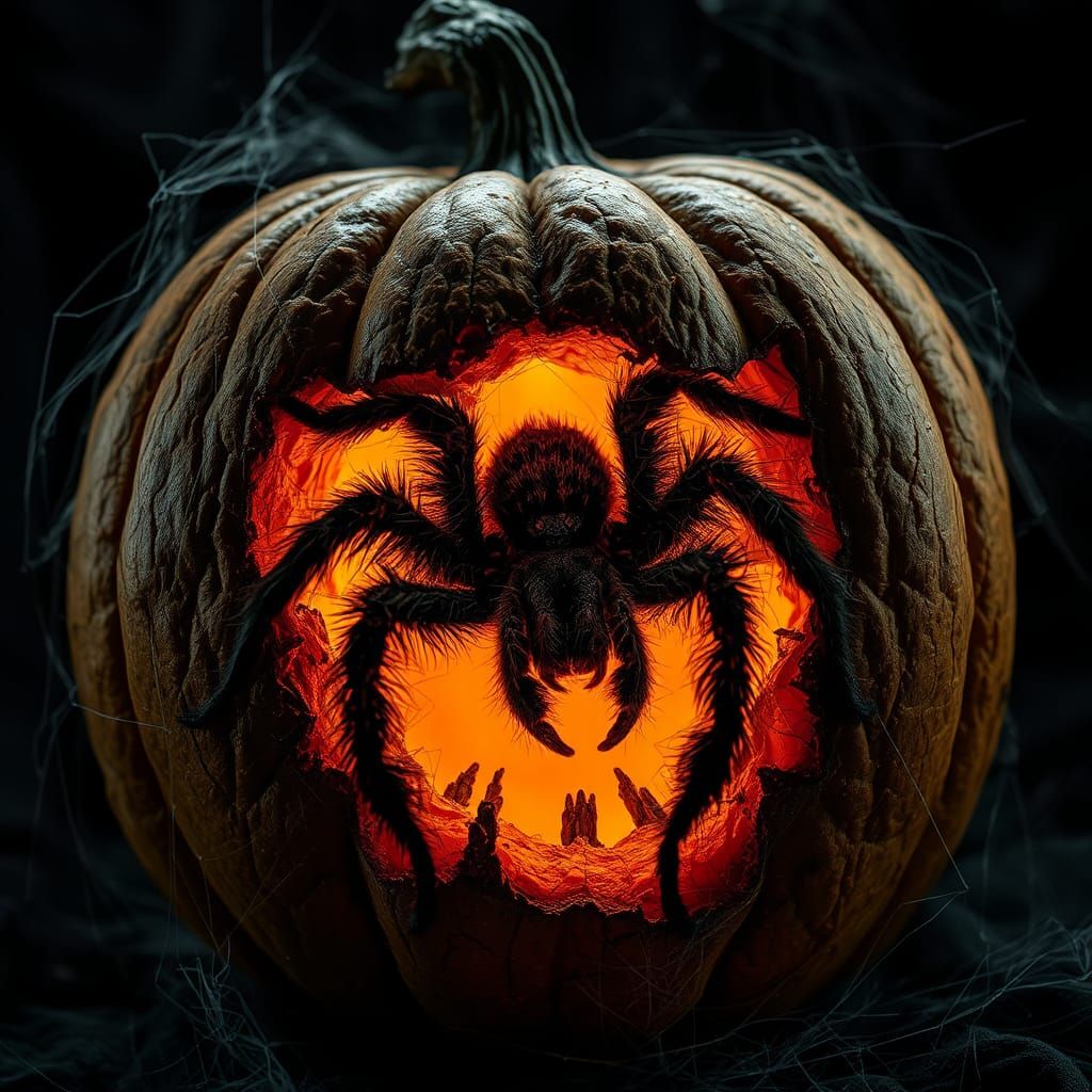 A dessicated, crumbling jack o' lantern, its surface etched with fine, intricate wrinkles, covered in a dense, velvety l...
