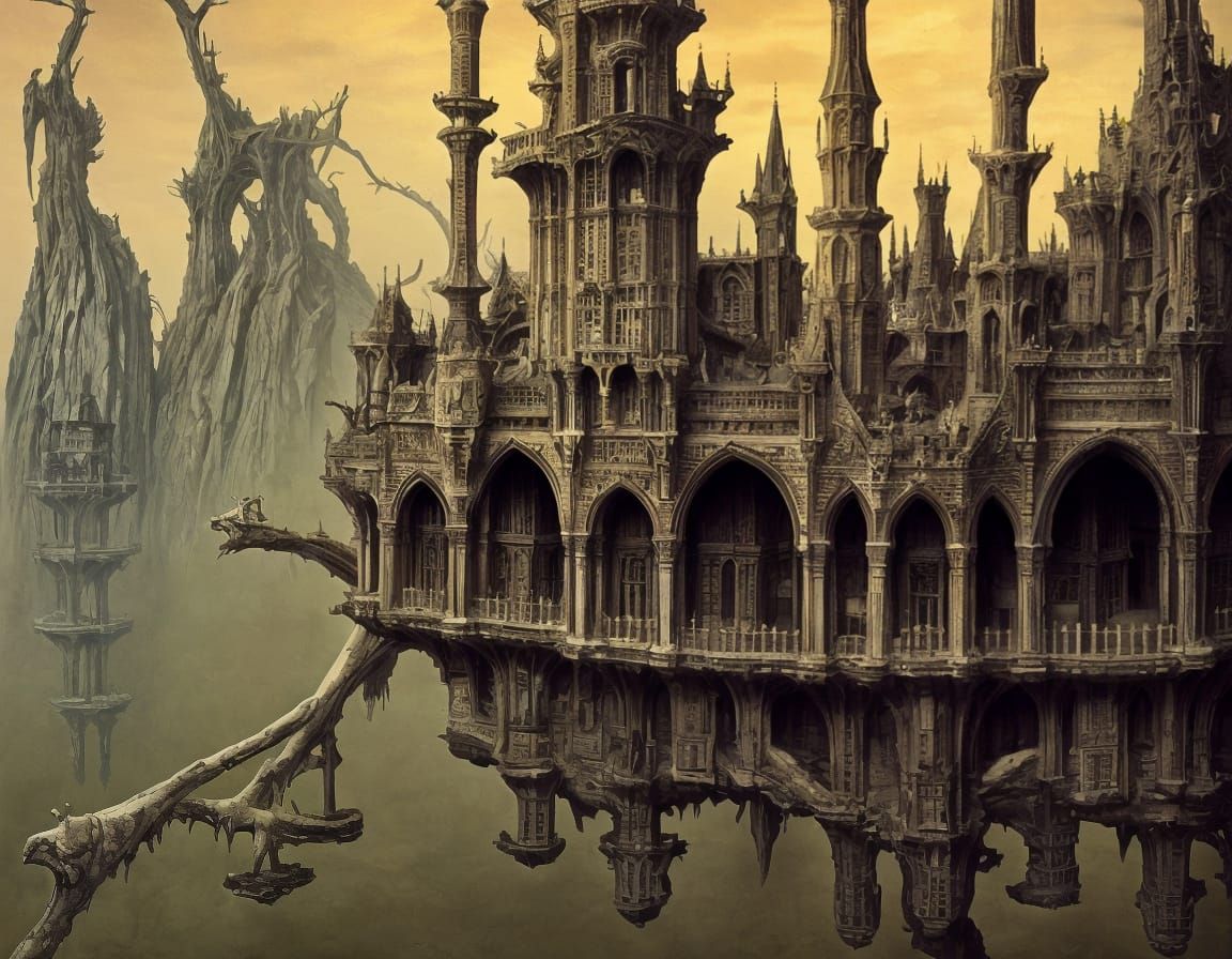 Surreal Castle Sails Above Three Moats in Intricate, Dreamli...