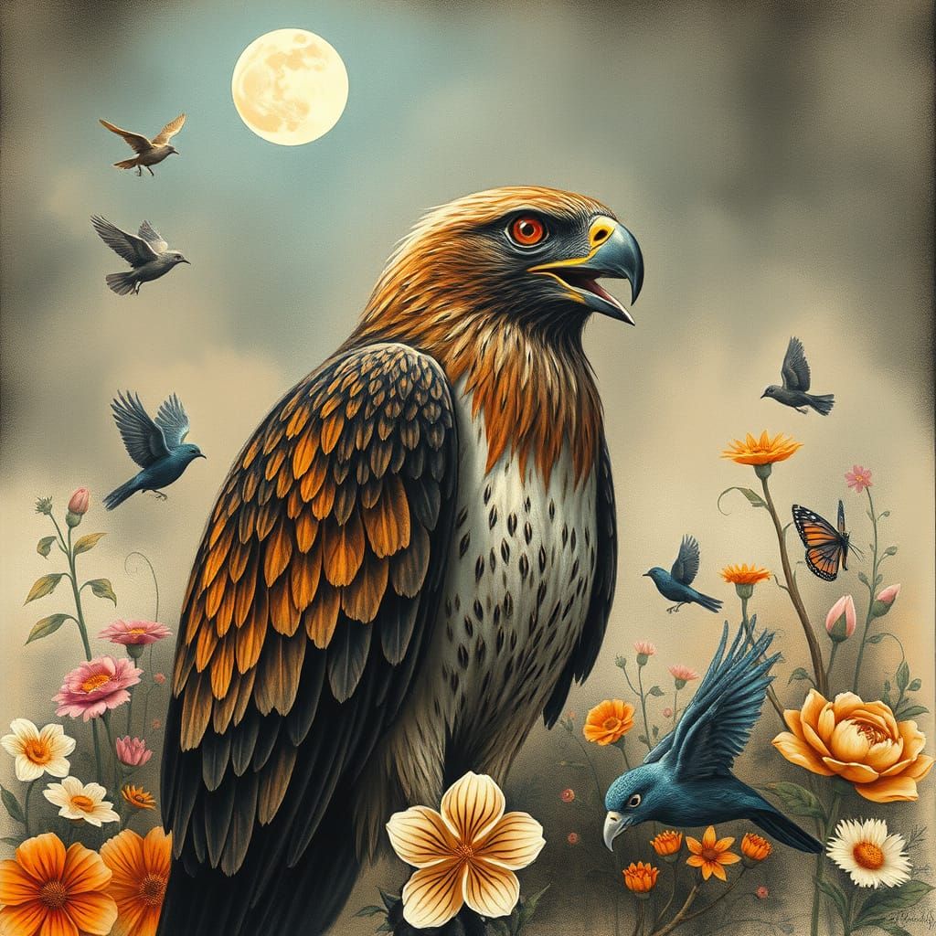 Expressive Nitram Charcoal Hawk in Whimsical Moonlit Scene