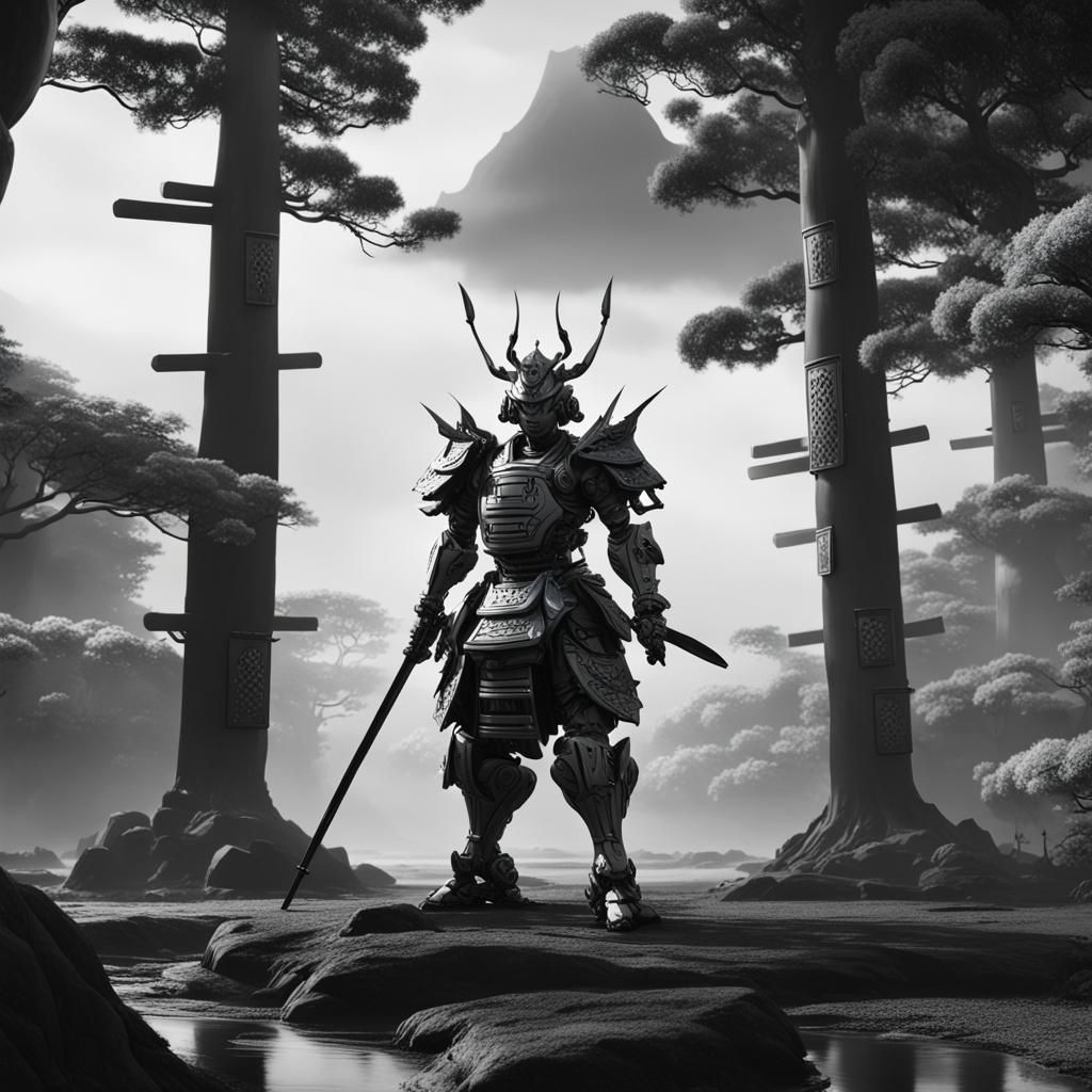 Detailed Robot Samurai in Black and White