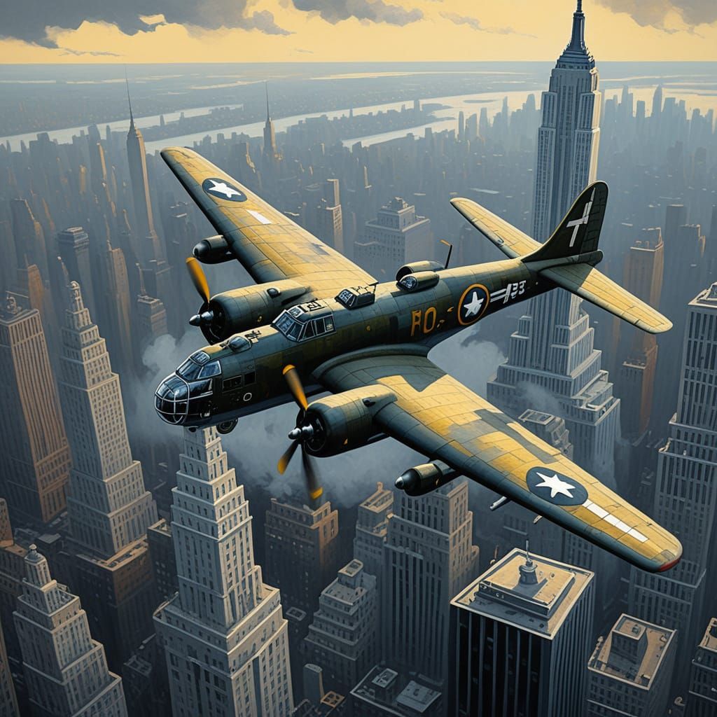 B25 Bomber Over Manhattan in Gouache Painting Style