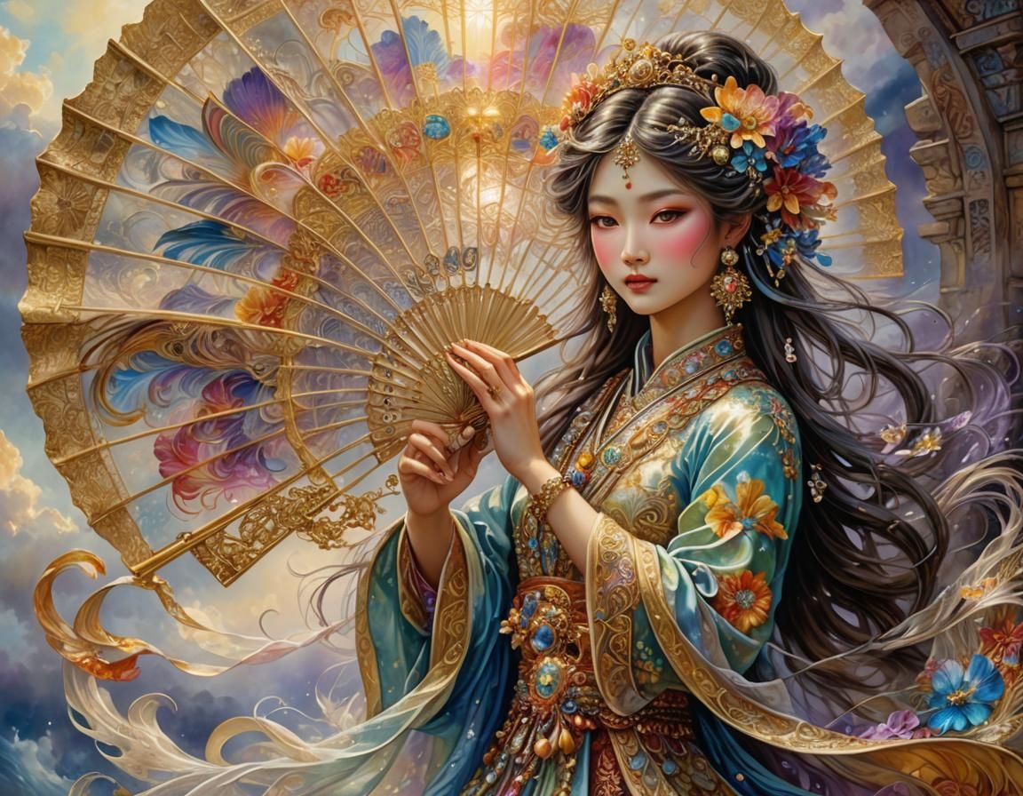 Asian Woman with Glittering Fan by the Sea