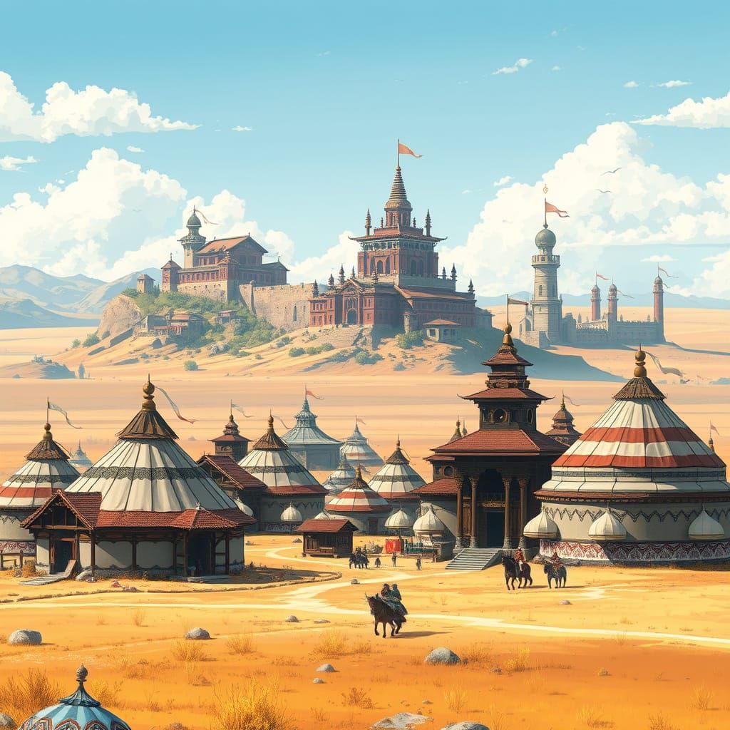 Fantasy Mongolian Village with Yurts and Temples