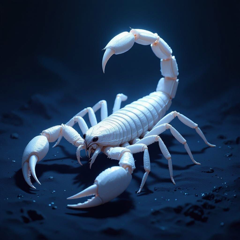 White Scorpion on Indigo Backdrop in Ethereal Light