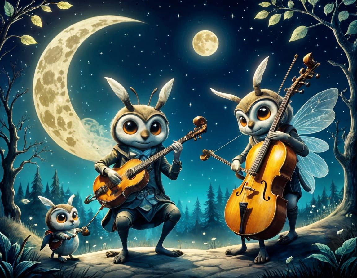 Anthropomorphic Insects Play Music Under a Whimsical Moon