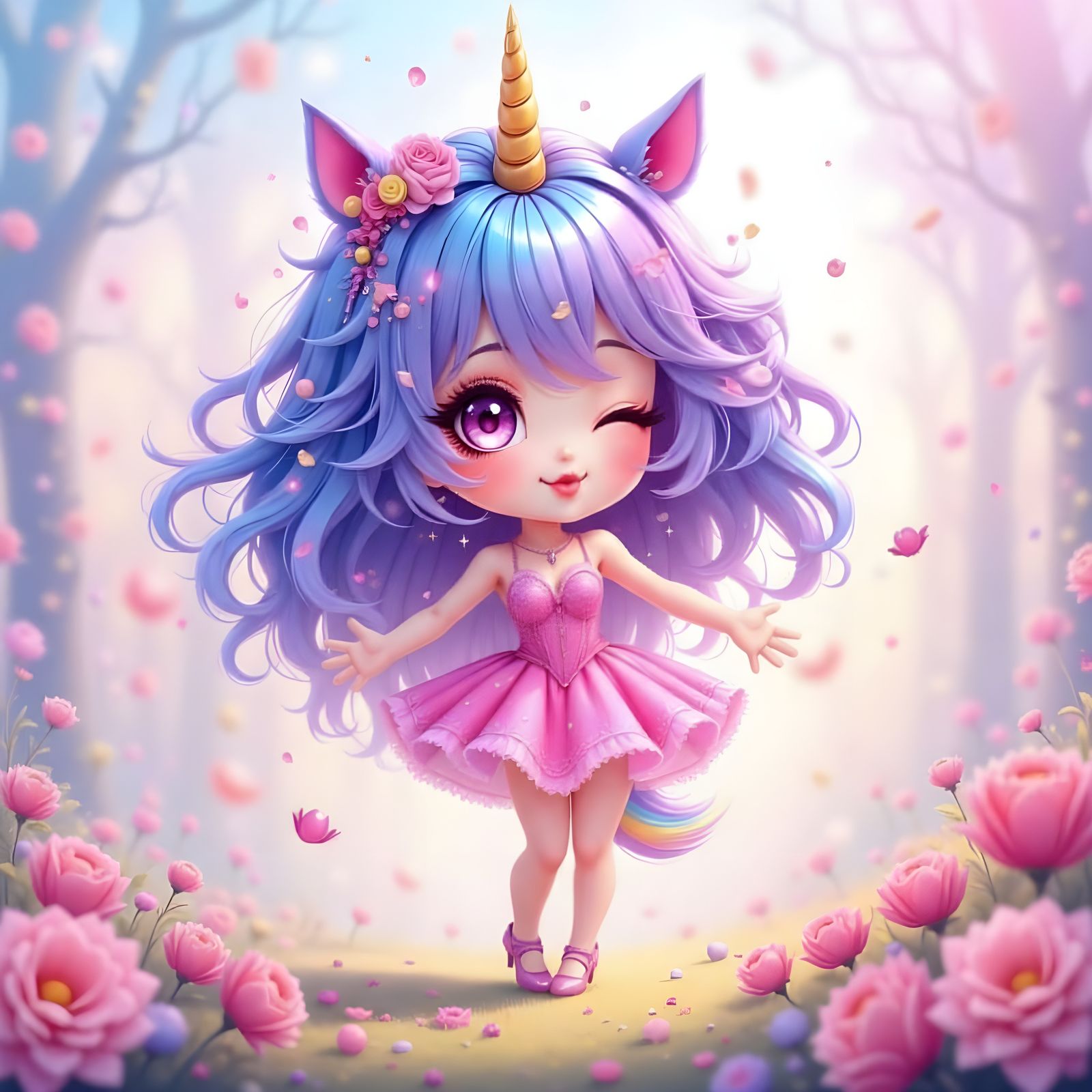 Adorable Chibi Unicorn Girl with Rainbow Mane