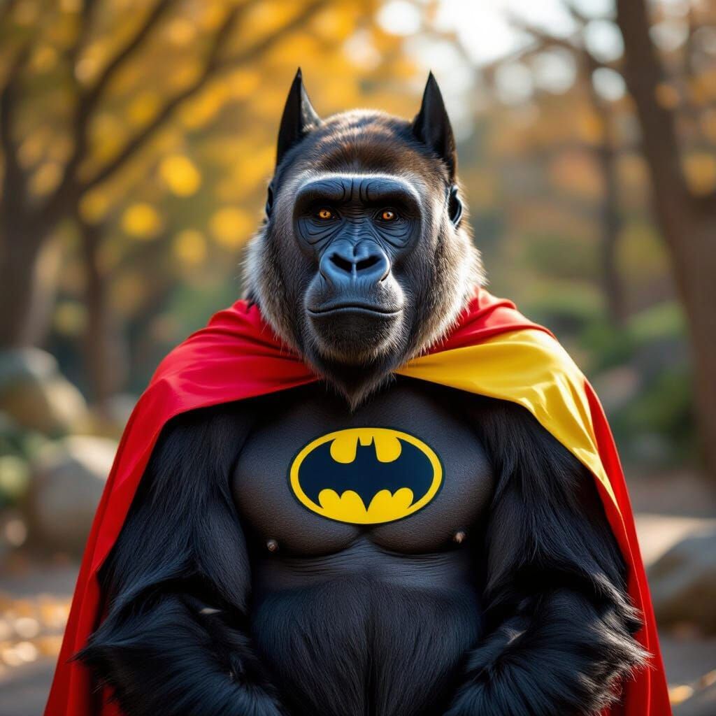 Gorilla in Batman Cape at Zoo on Bright Day