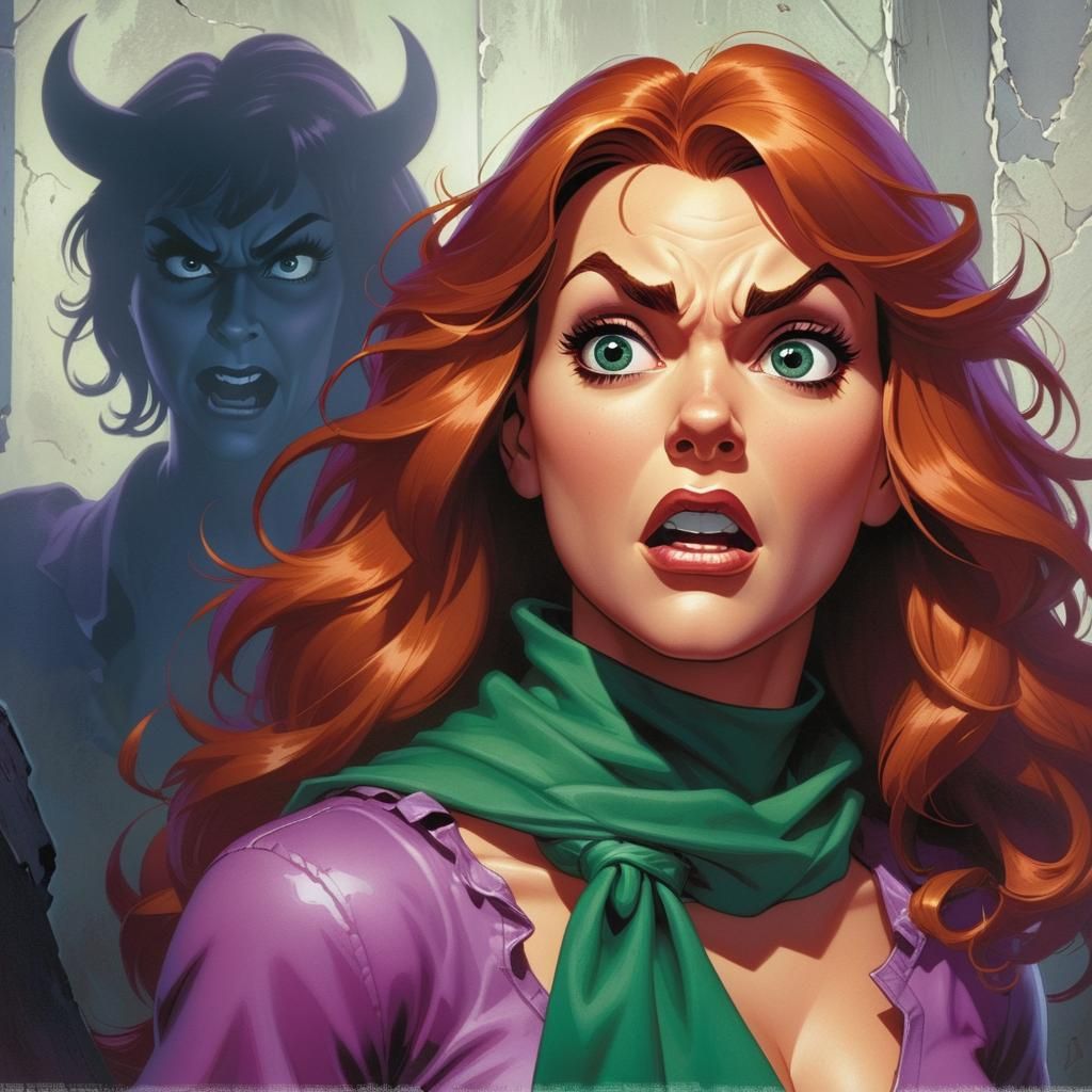 Frightened Daphne and Demon Shadow, Comic Book Art