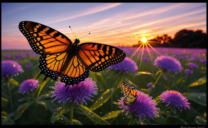 Butterfly and Flowers at Sunrise: Professional Photography