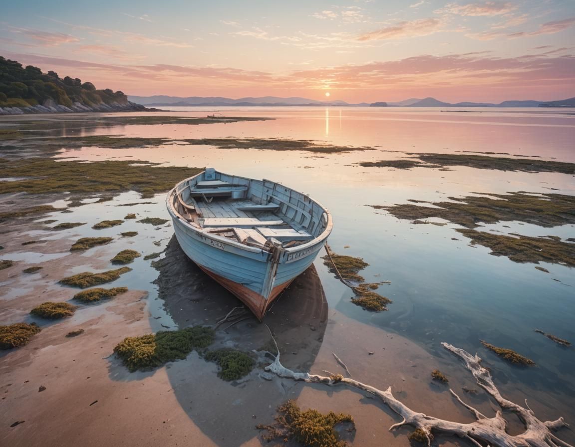 Blue Boat on Coastline at Sunrise in Pastel Style
