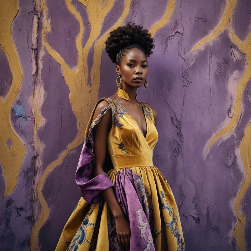 Beautiful Black Woman in Velvet Dress: Hyper-Realistic Photo