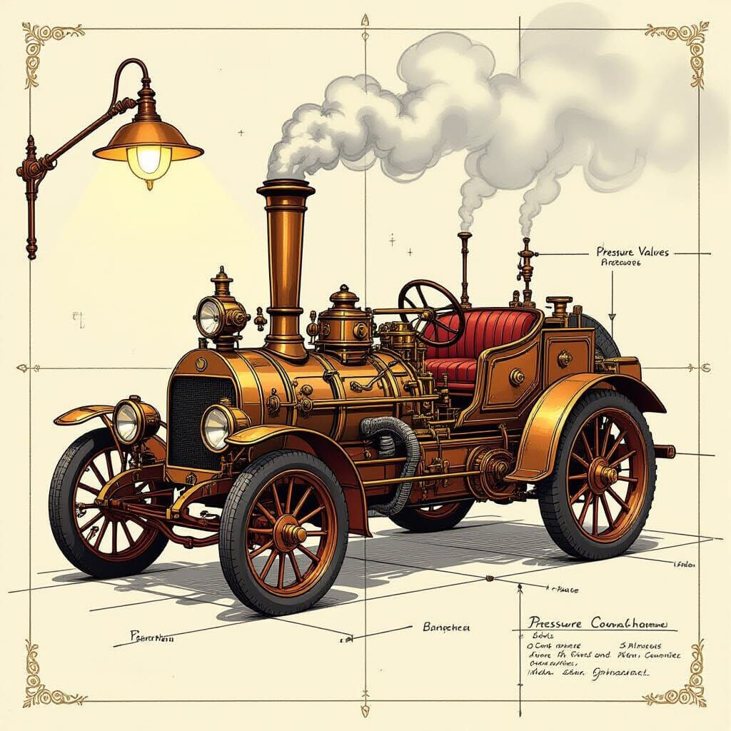 Steampunk Steam Car Blueprint Design