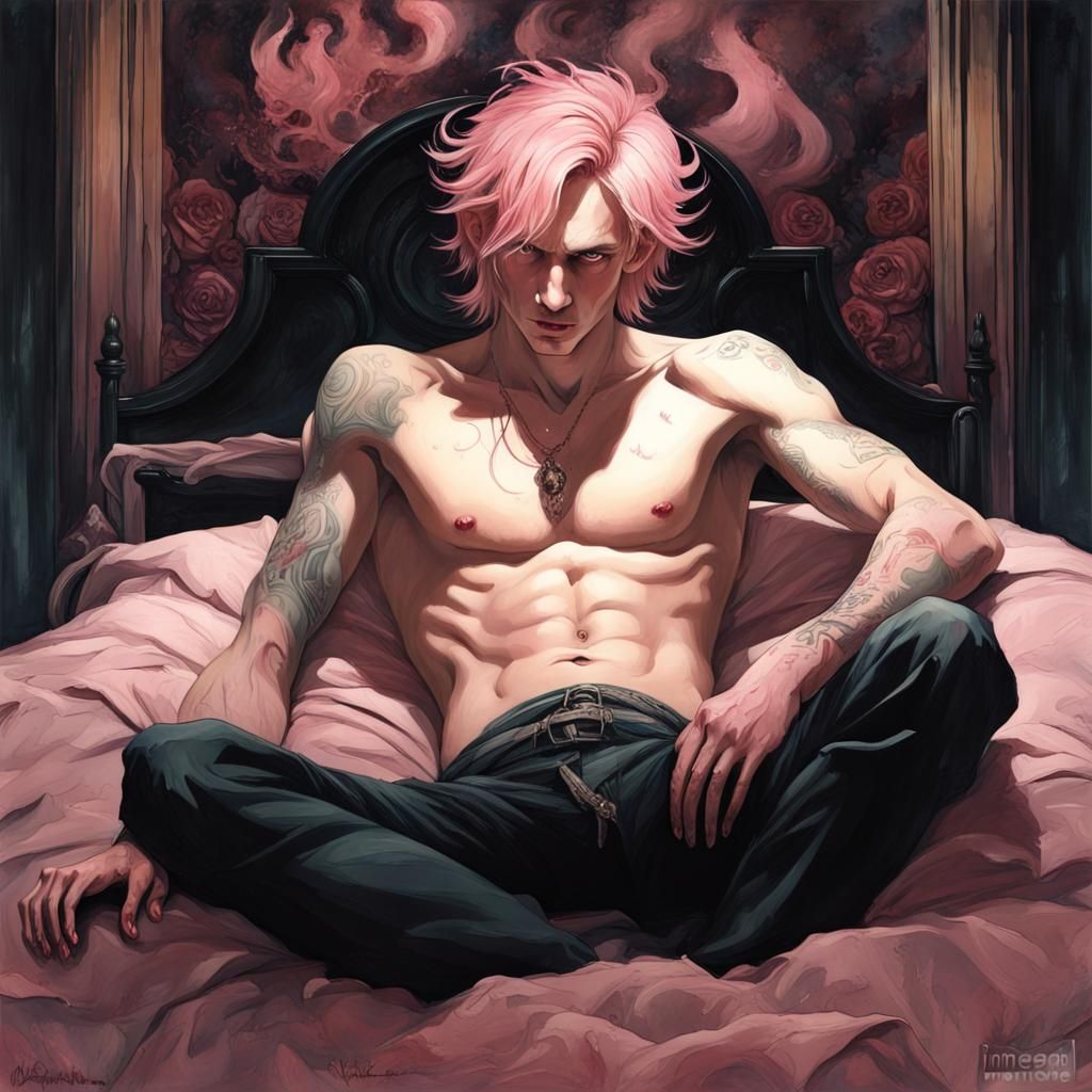 Gothic Incubus with Pink Hair in Oil Painting Style
