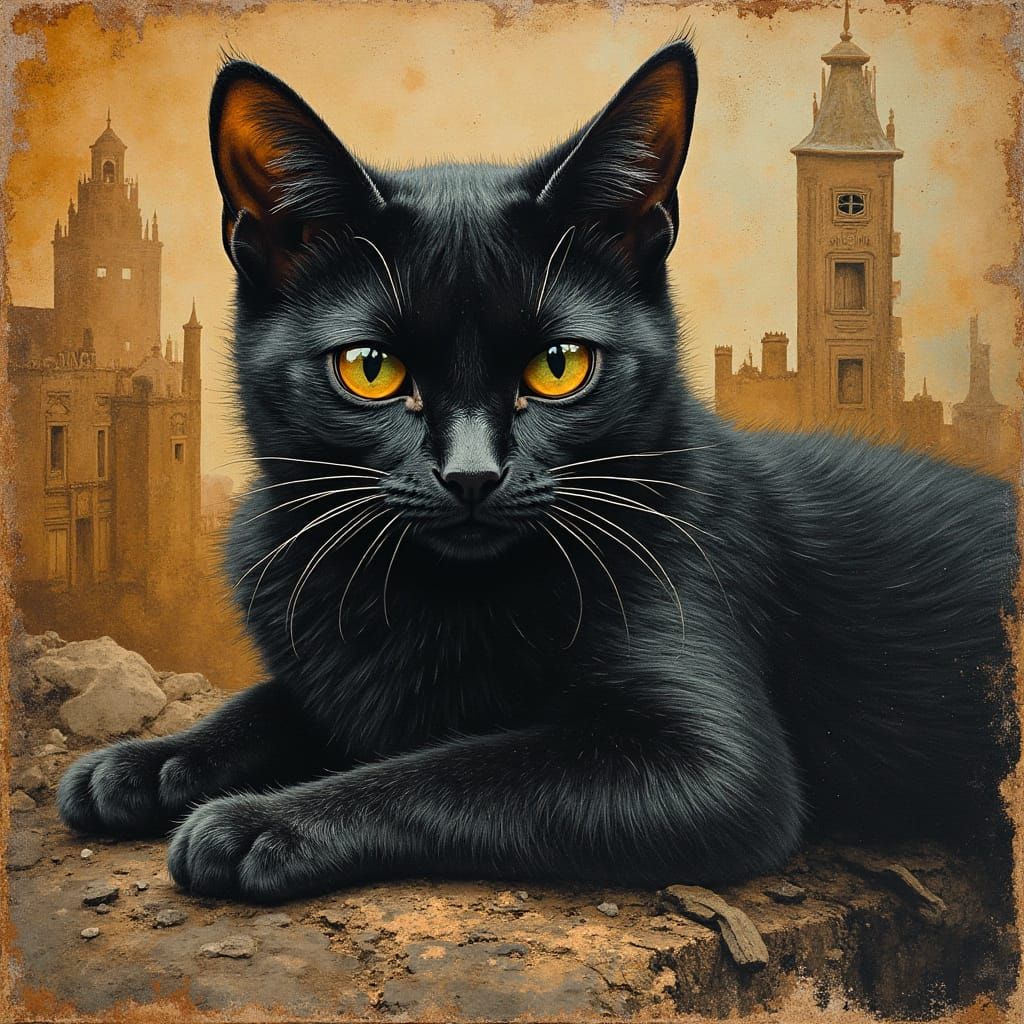 Black Cat Portrait in Decaying Old City
