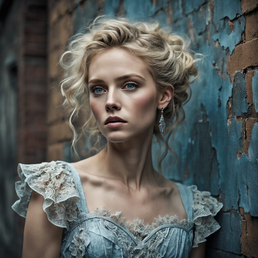 Surreal Beauty with Luminous Blue Eyes, in Art Nouveau Style