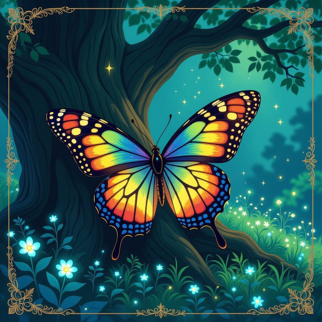 Bioluminescent Butterfly on Ancient Oak, Anime-Inspired Fant...