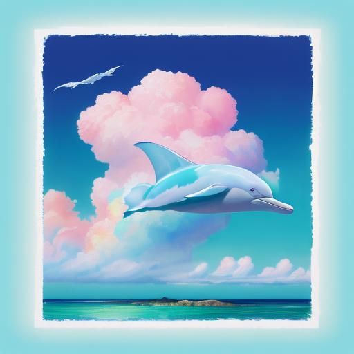 Giant Pink Dolphin Swimming in Surreal Sky