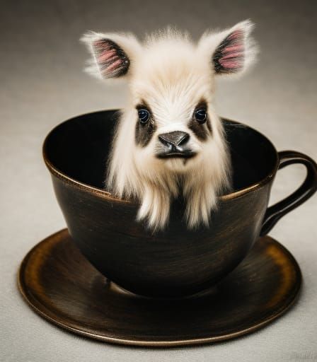 Baby Yak in Teacup: Hyperrealistic Digital Illustration