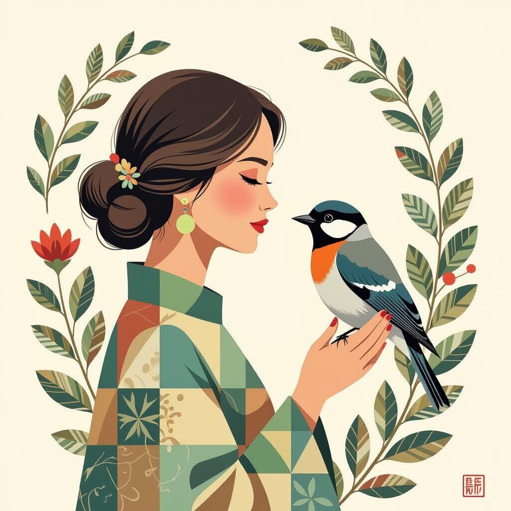 Woman and Bird in Marimekko-Inspired Patchwork