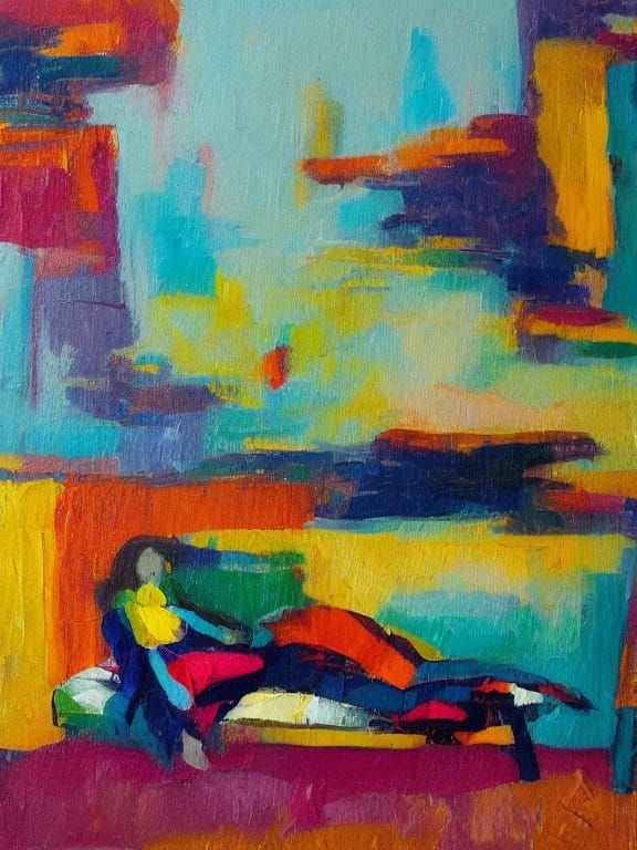 Vibrant Abstract Oil Painting of a Woman on a Sofa