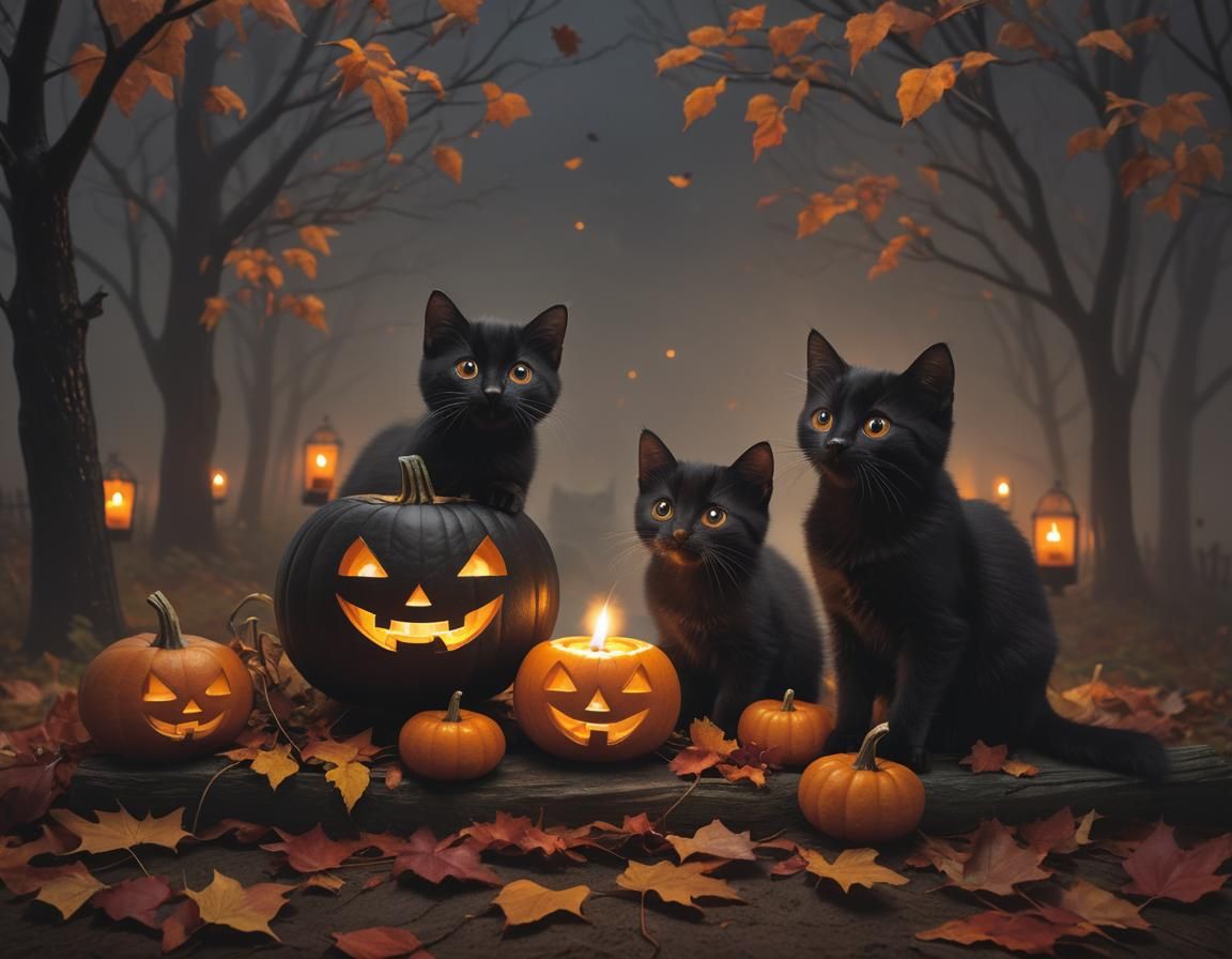 Black Kittens Carving a Jack-o'-Lantern on Halloween